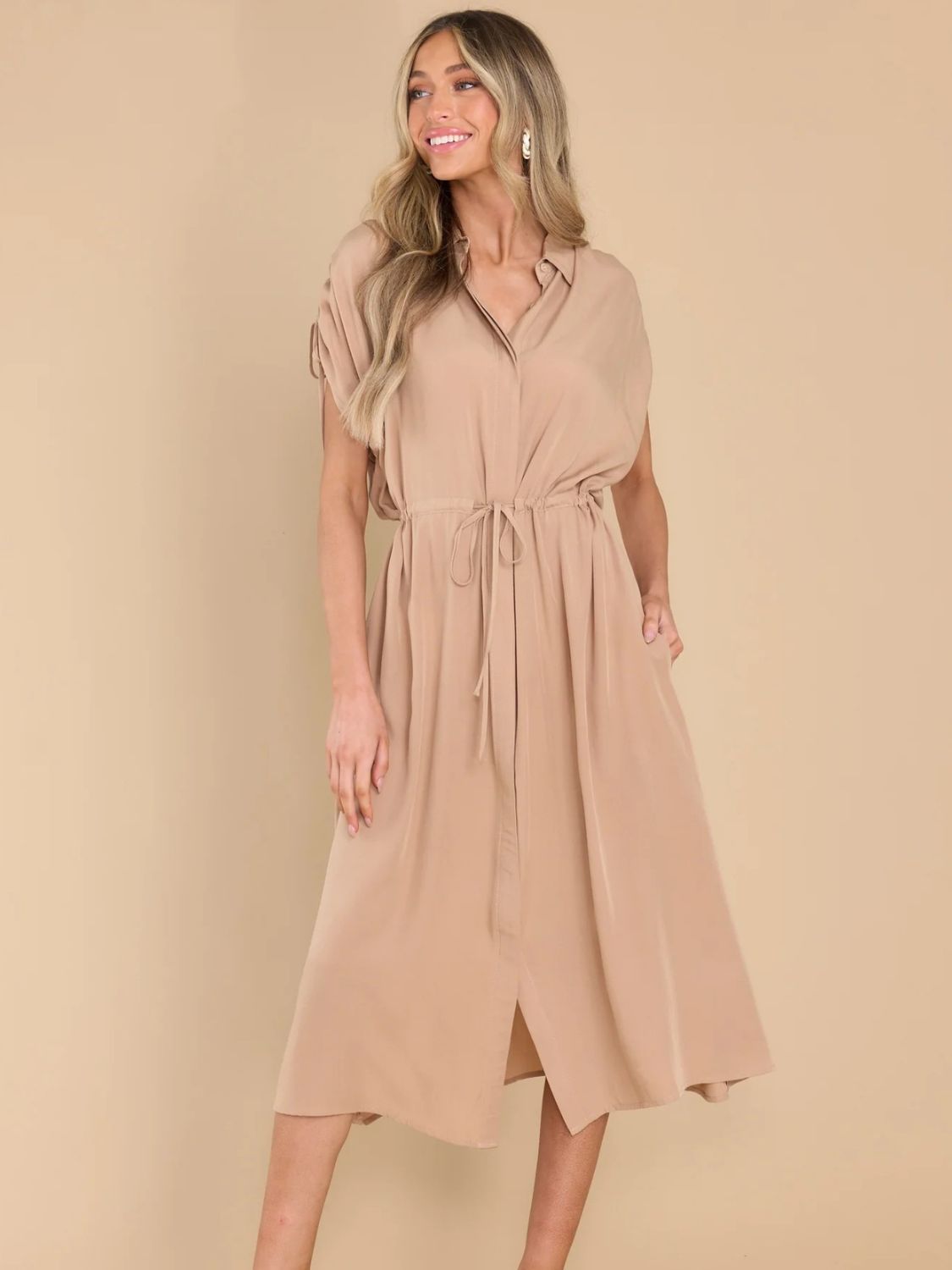 Devine Collared Neck Short Sleeve Midi Shirt Dress