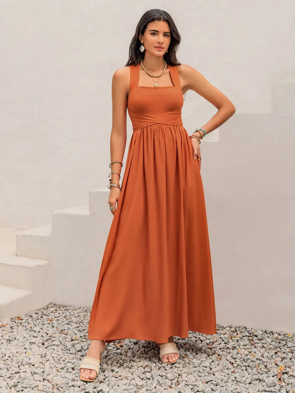 Eva Crisscross Back Maxi Dress - Linen Blend - S-XL Resort & Beachwear Rezortly Eva Crisscross Back Maxi Dress - Linen Blend - S-XL Resort & Beachwear Rezortly