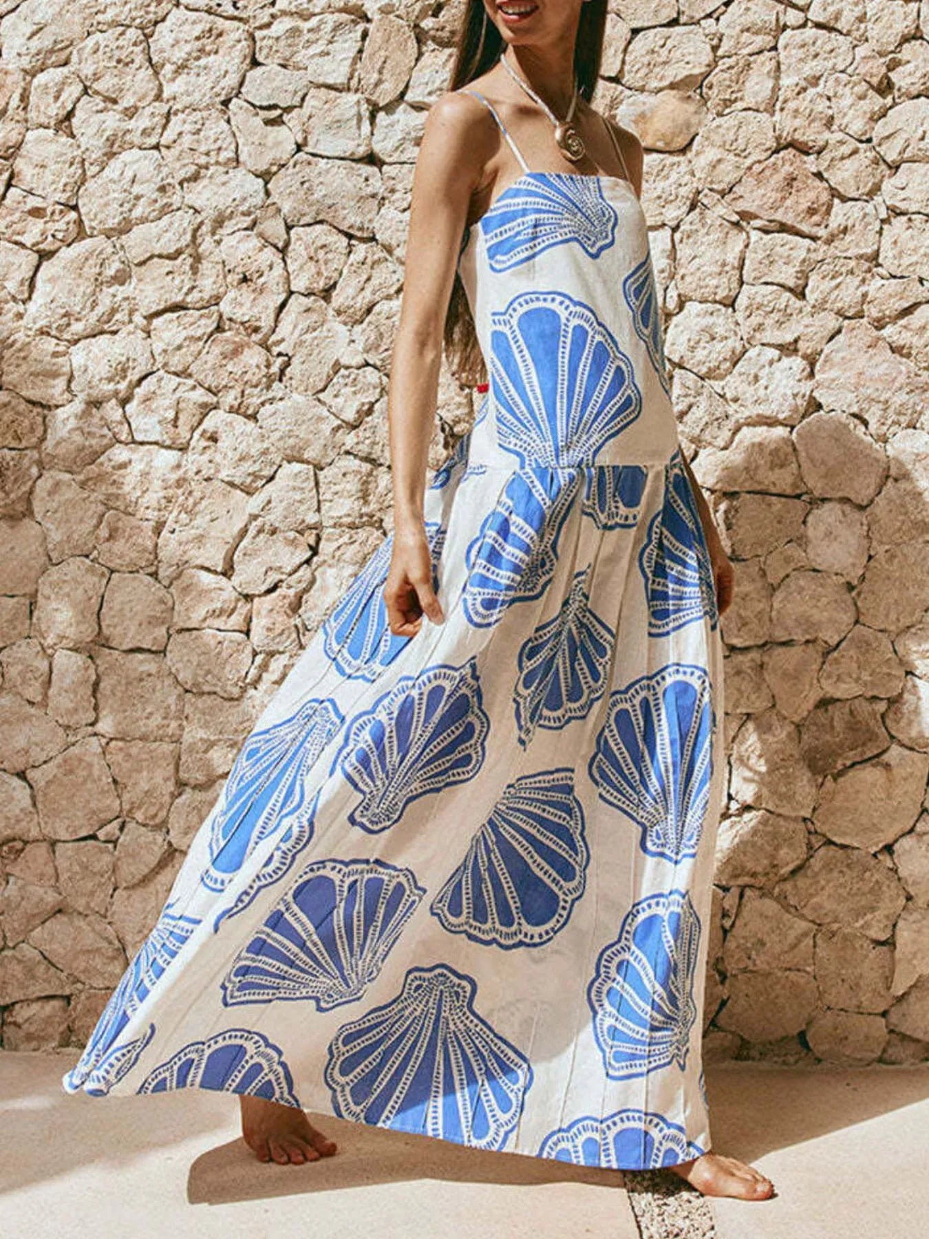 Shelly Clamshell Print Beach Cami Maxi Dress - Resort & Beachwear Rezortly Shelly Clamshell Print Beach Cami Maxi Dress - Resort & Beachwear Rezortly