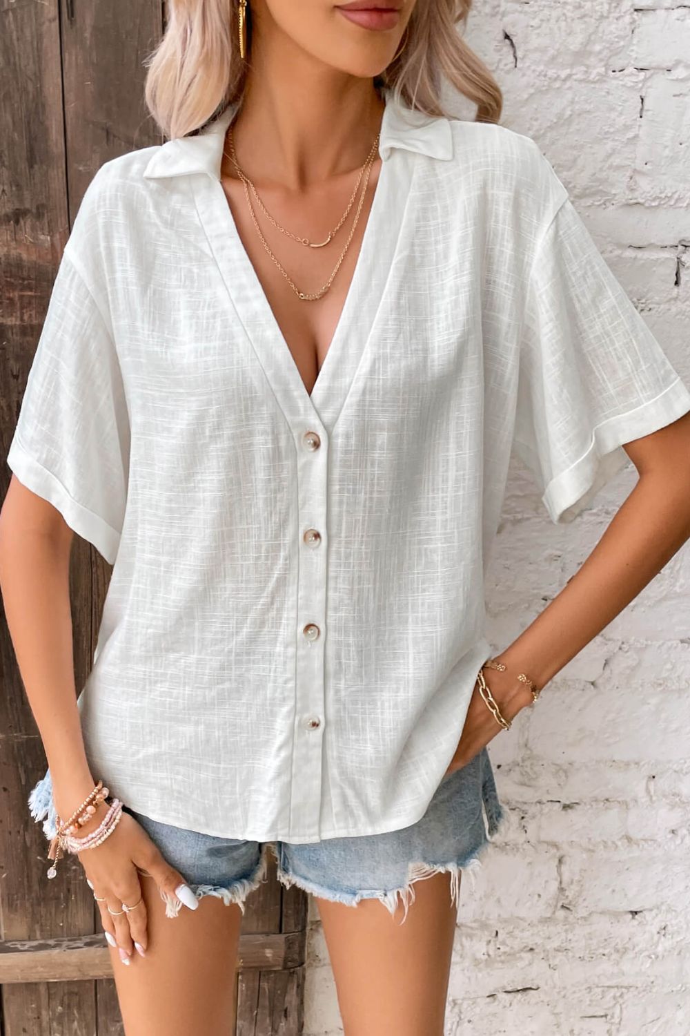 Aimee Button Collared Blouse - White - S-XL | Rezortly
