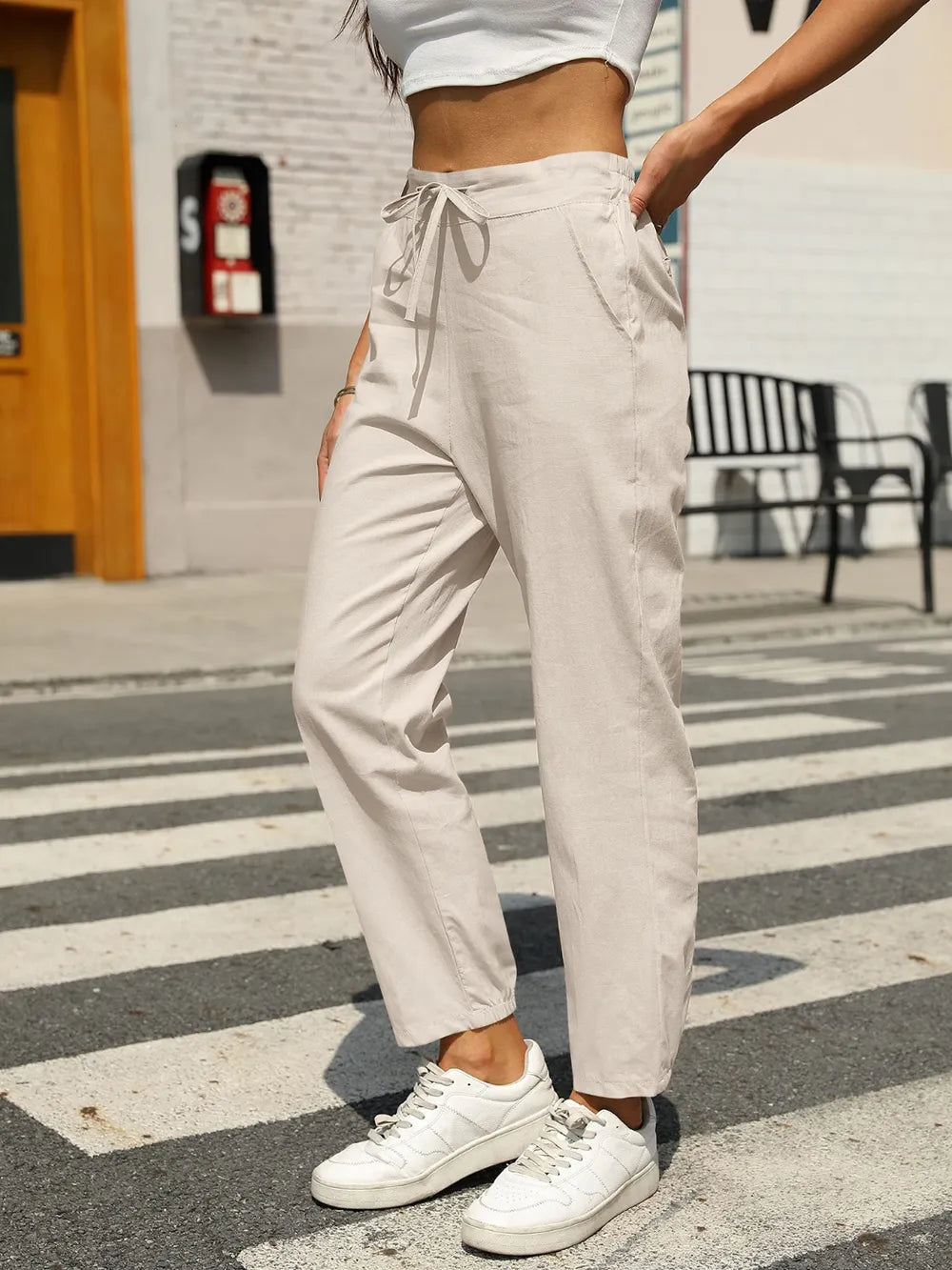 Amelia Cotton Linen Tapered Pants - Beige - S-2XL | Rezortly