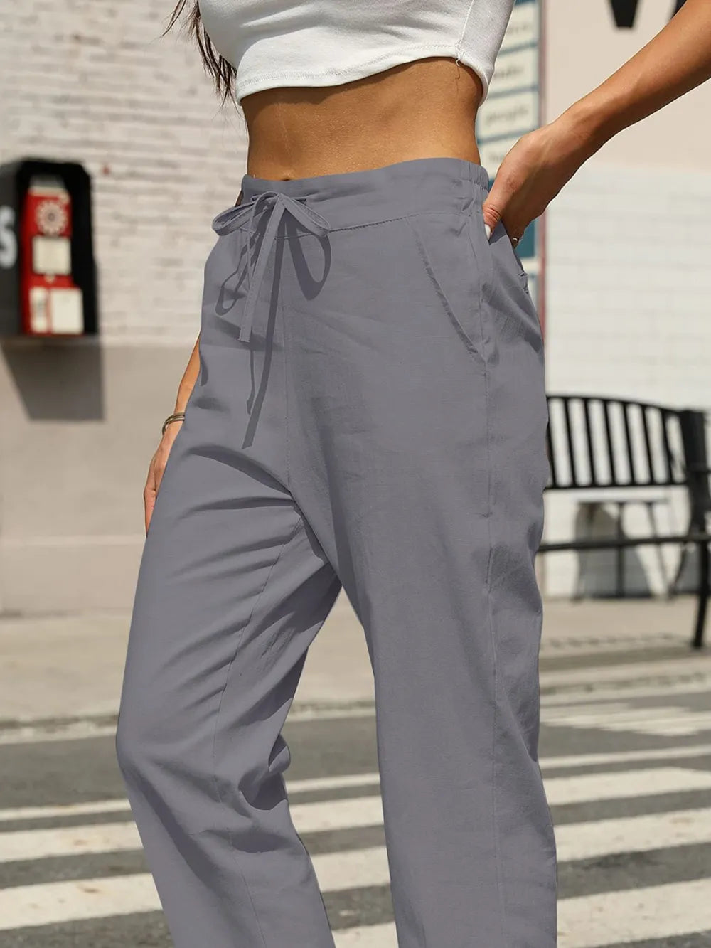 Amelia Cotton Linen Tapered Pants - Grey - S-2XL | Rezortly