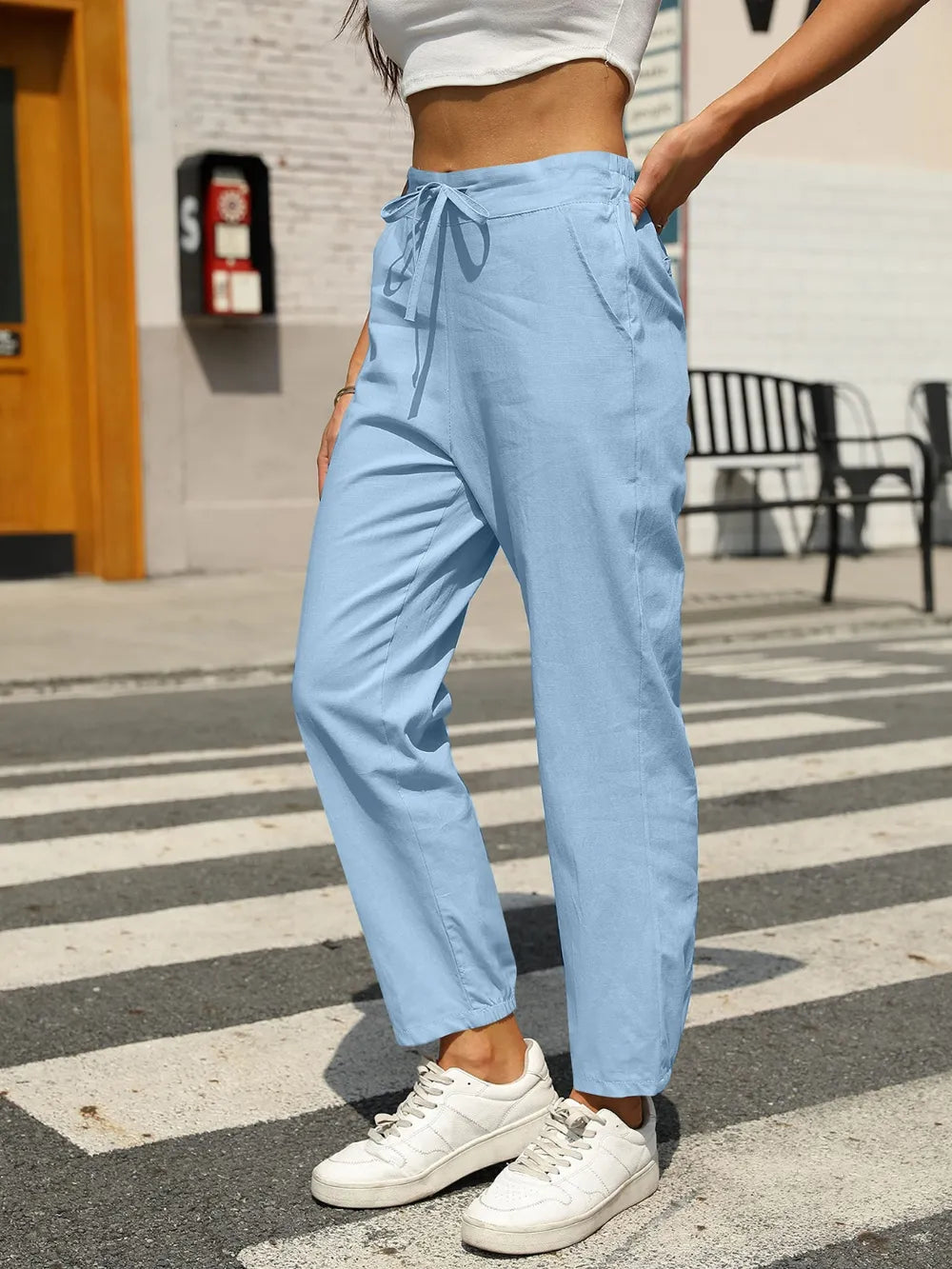 Amelia Cotton Linen Tapered Pants - Sky Blue - S-2XL | Rezortly