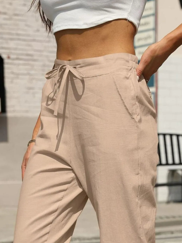 Amelia Cotton Linen Tapered Pants - Tan - S-2XL | Rezortly