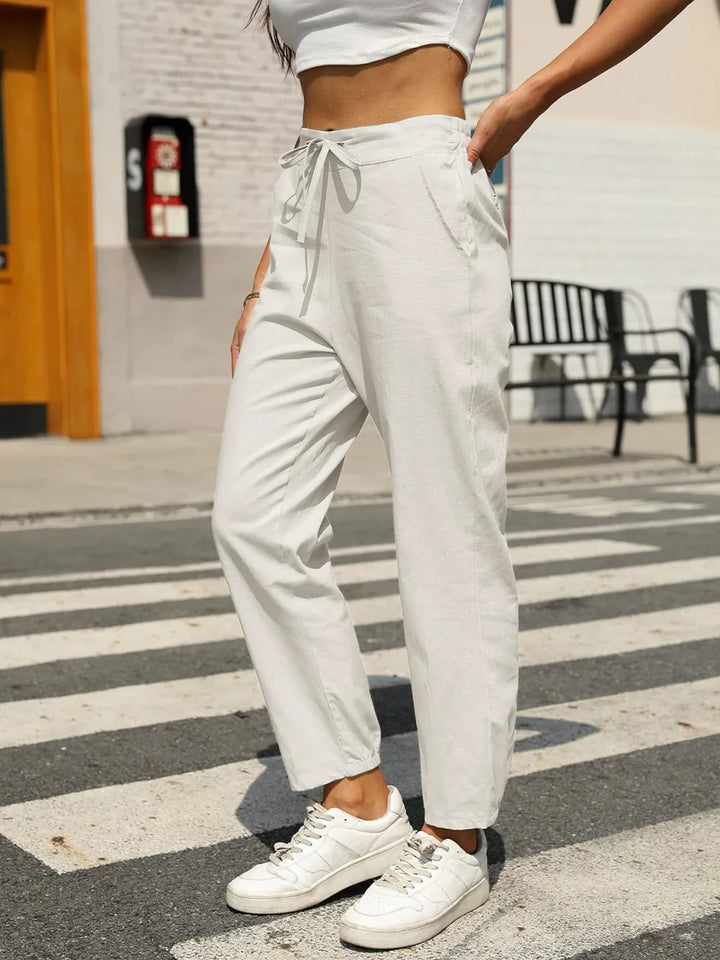 Amelia Cotton Linen Tapered Pants - White - S-2XL | Rezortly