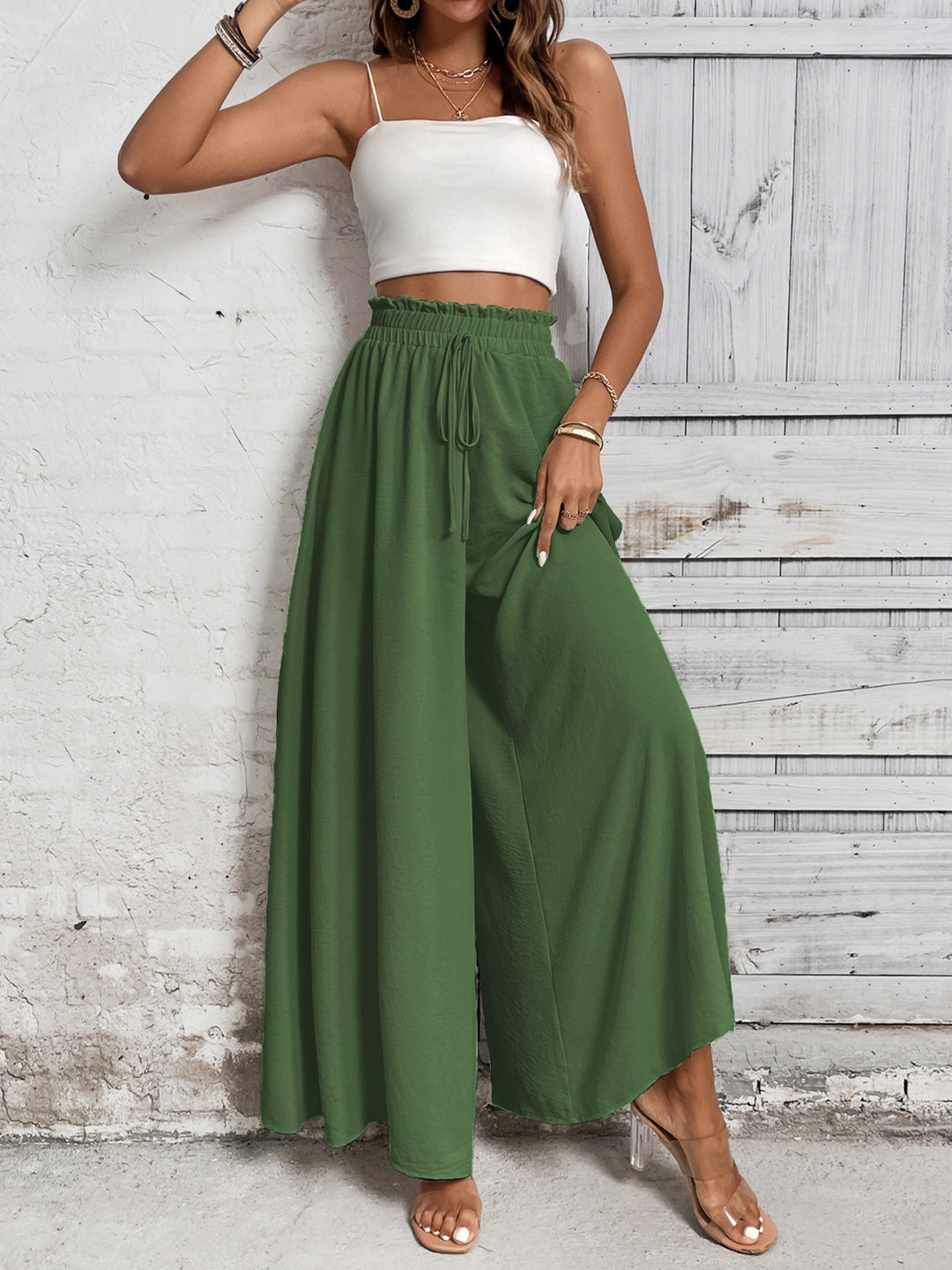 Amelia High Waist Wide Leg Pants - Forest  Green - S-XL  | Rezortly