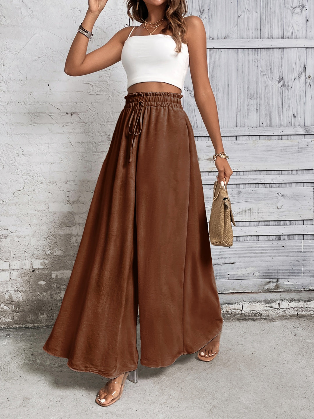 Amelia High Waist Wide Leg Pants - Saddle Brown - S-XL  | Rezortly