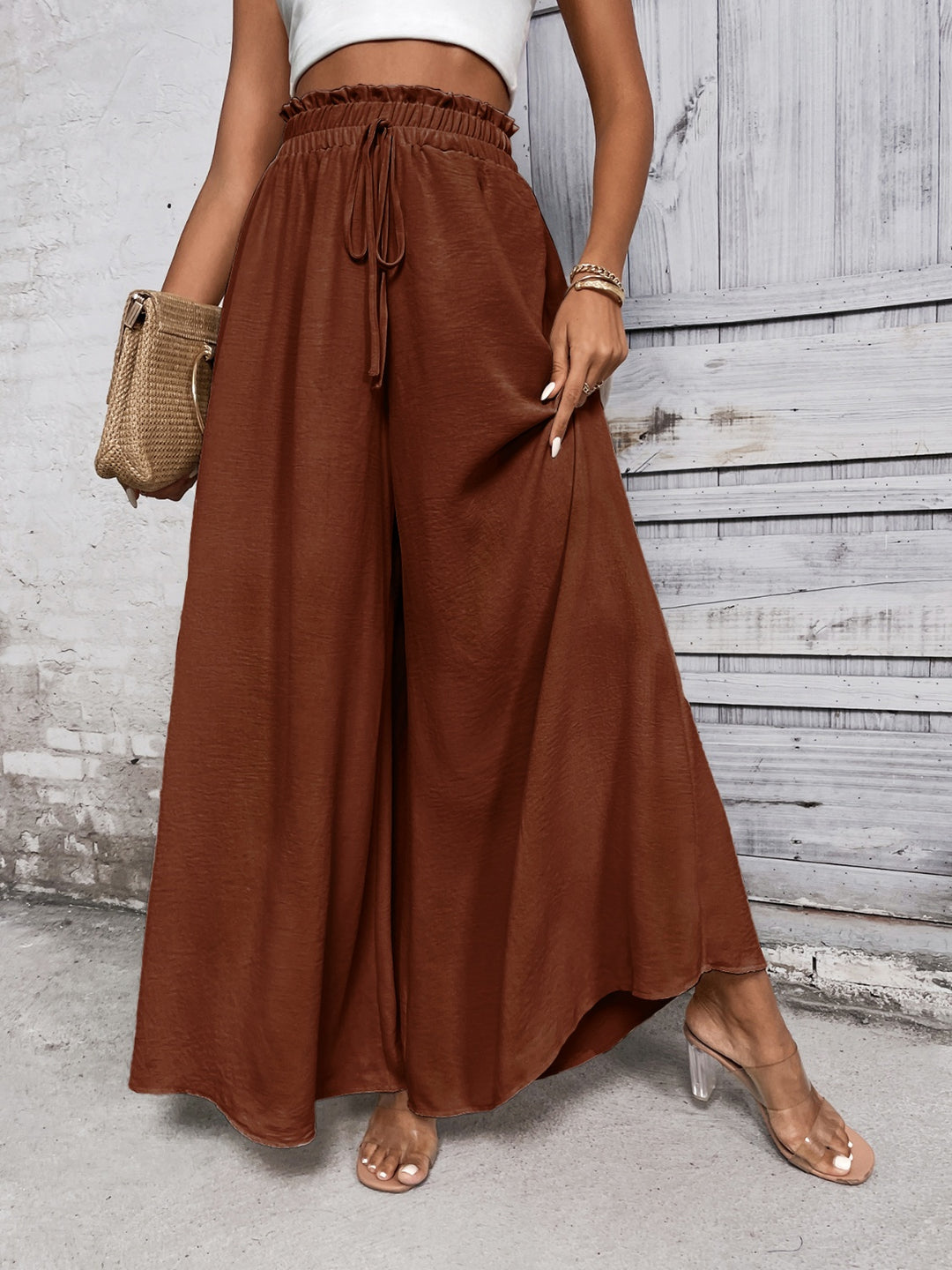 Amelia High Waist Wide Leg Pants - Saddle Brown - S-XL  | Rezortly