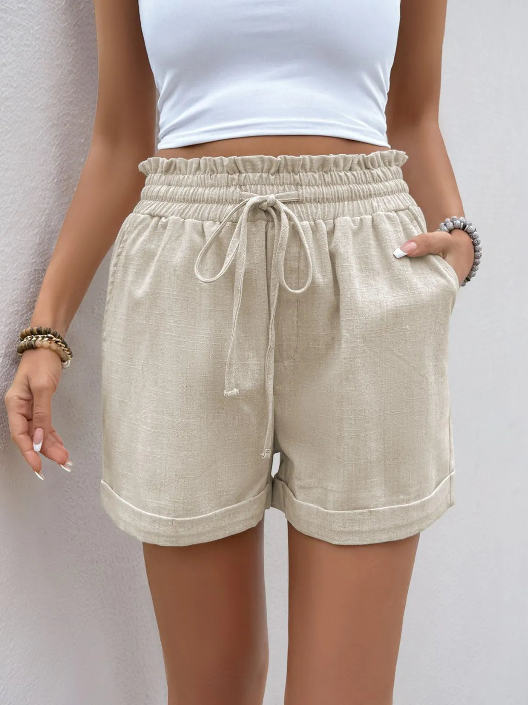 Amelia Paperbag Waist Shorts - Linen - Beige - S-XL | Rezortly