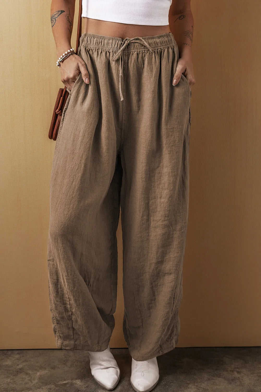 Aria Drawstring Wide Leg Pants - Tan - S-XL | Rezortly