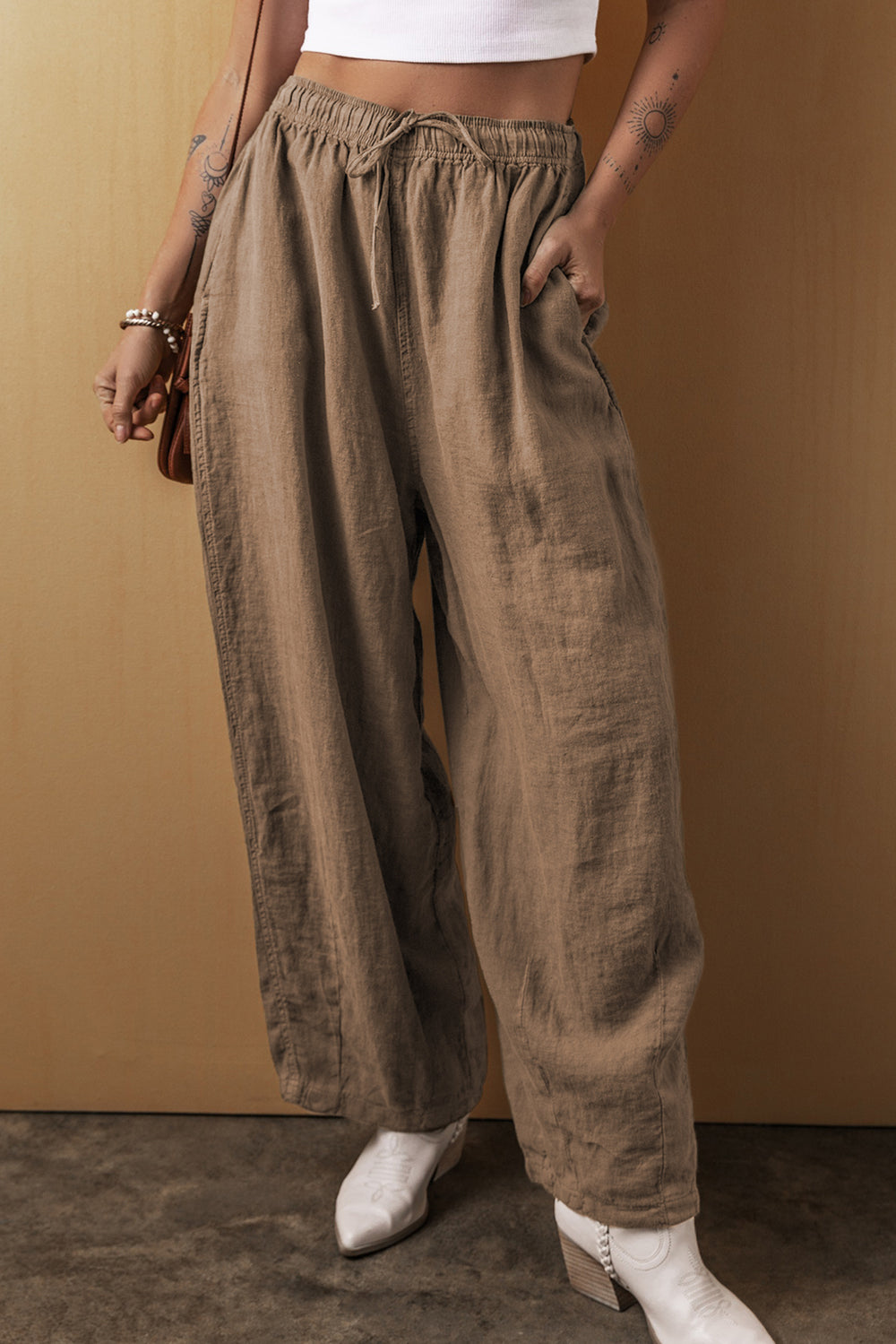 Aria Drawstring Wide Leg Pants - Tan - S-XL | Rezortly