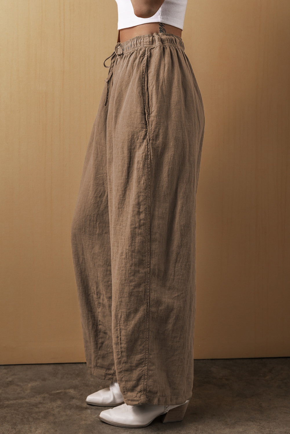 Aria Drawstring Wide Leg Pants - Tan - S-XL | Rezortly