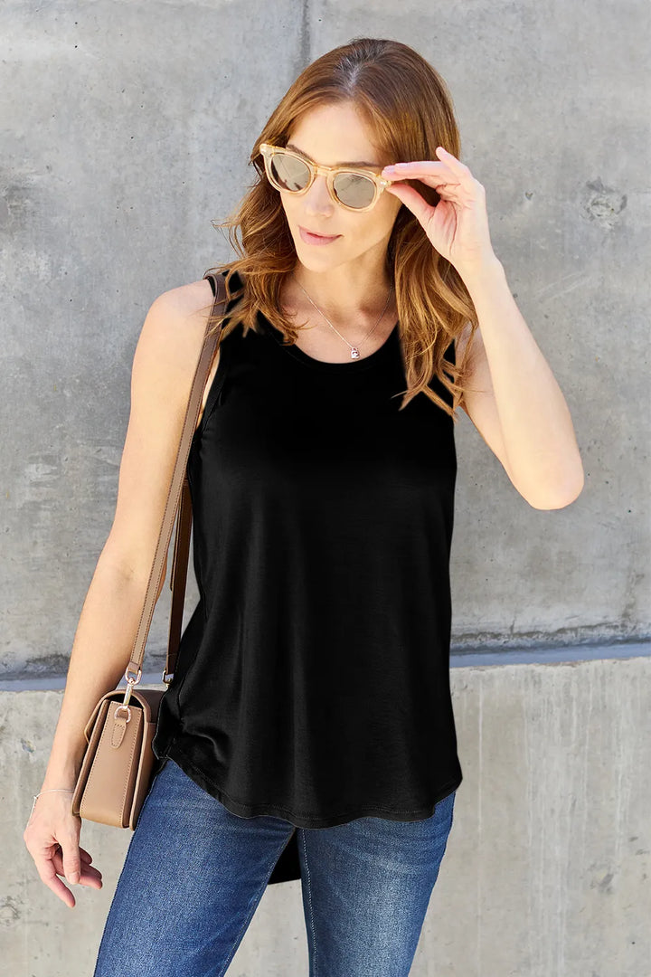 Ava Round Neck Bamboo Tank Top - Black - Size S-3XL | Rezortly