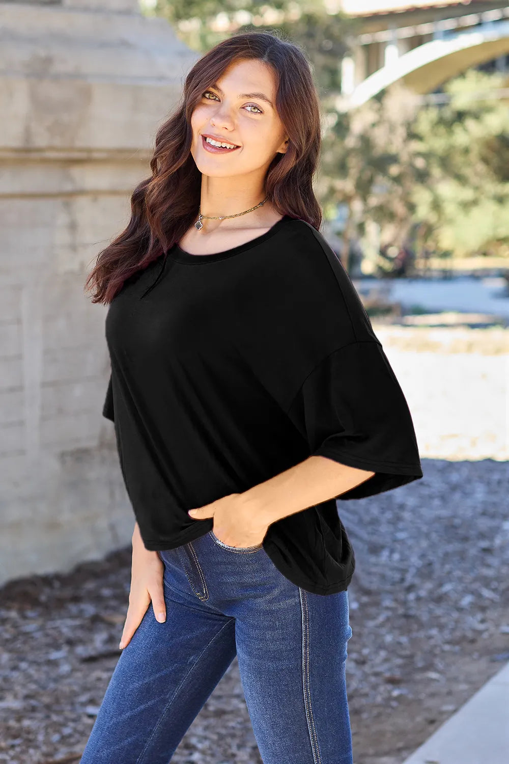 Ava Round Neck Drop Shoulder Bamboo T-Shirt - Black - Size S-3XL | Rezortly