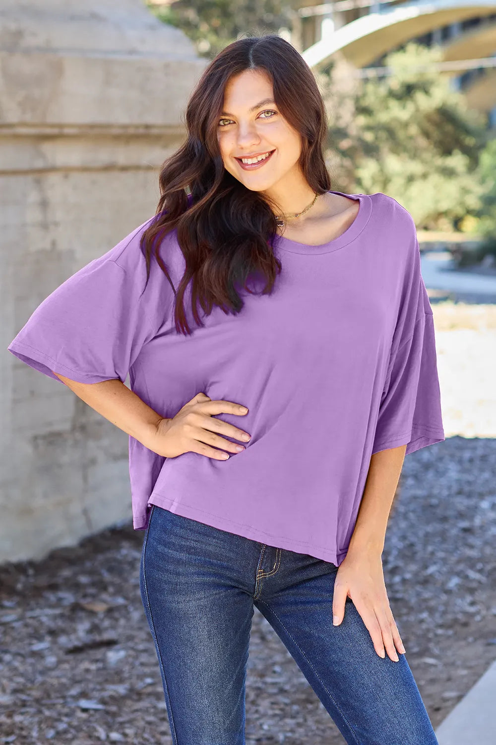 Ava Round Neck Drop Shoulder Bamboo T-Shirt - Lavender - Size S-3XL | Rezortly