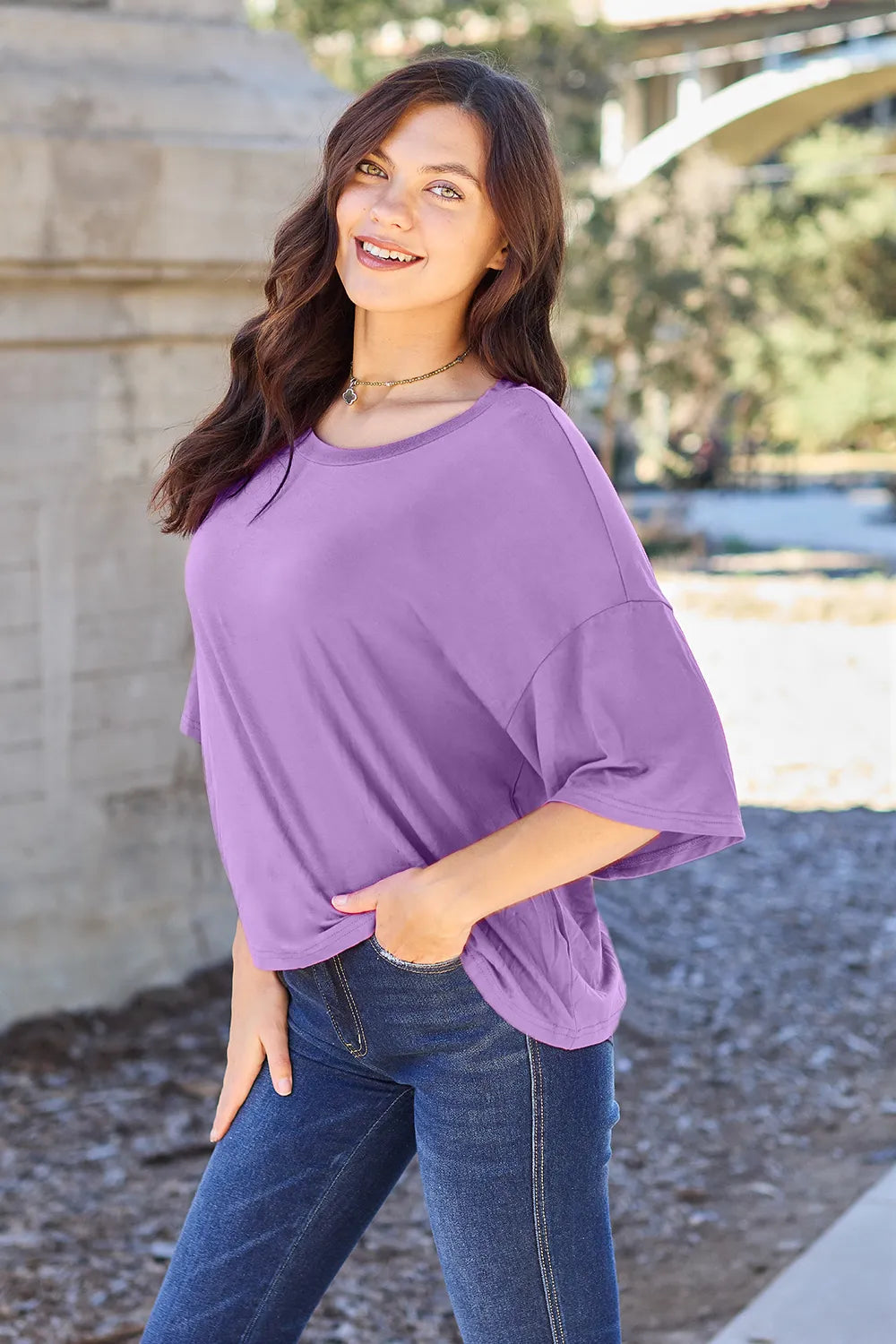 Ava Round Neck Drop Shoulder Bamboo T-Shirt - Lavender - Size S-3XL | Rezortly