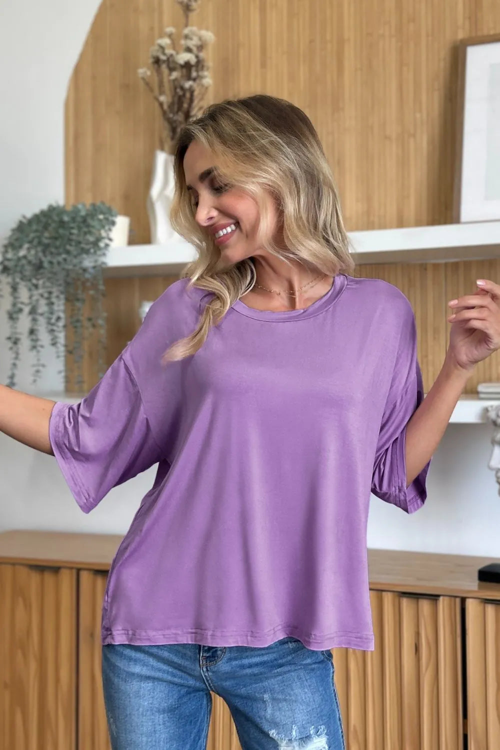 Ava Round Neck Drop Shoulder Bamboo T-Shirt - Lavender - Size S-3XL | Rezortly