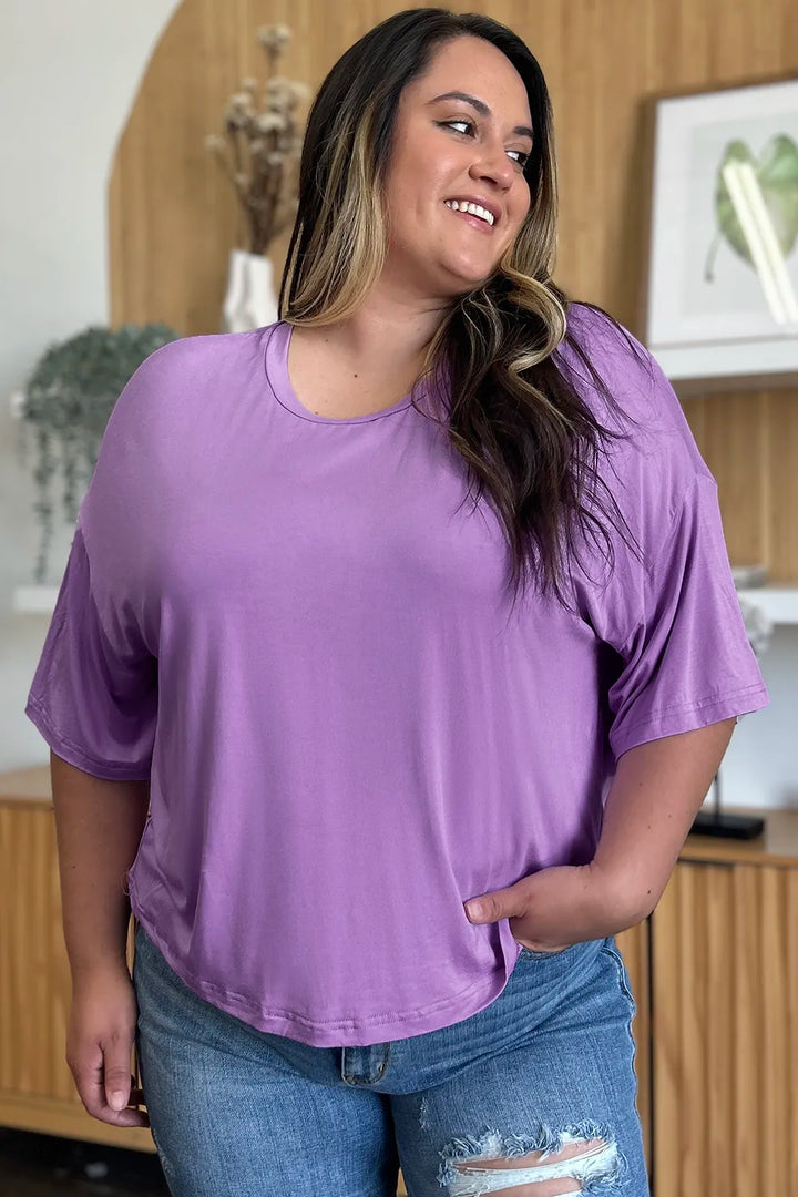 Ava Round Neck Drop Shoulder Bamboo T-Shirt - Lavender - Size S-3XL | Rezortly
