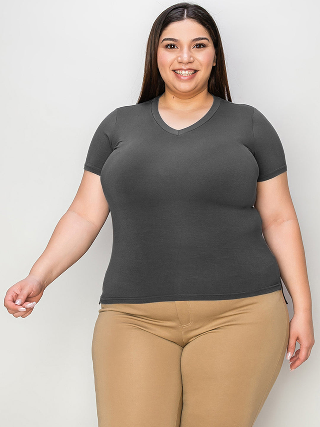 Ava Slim V-Neck High-Low Bamboo T-Shirt -Dark Grey - S-3XL | Rezortly