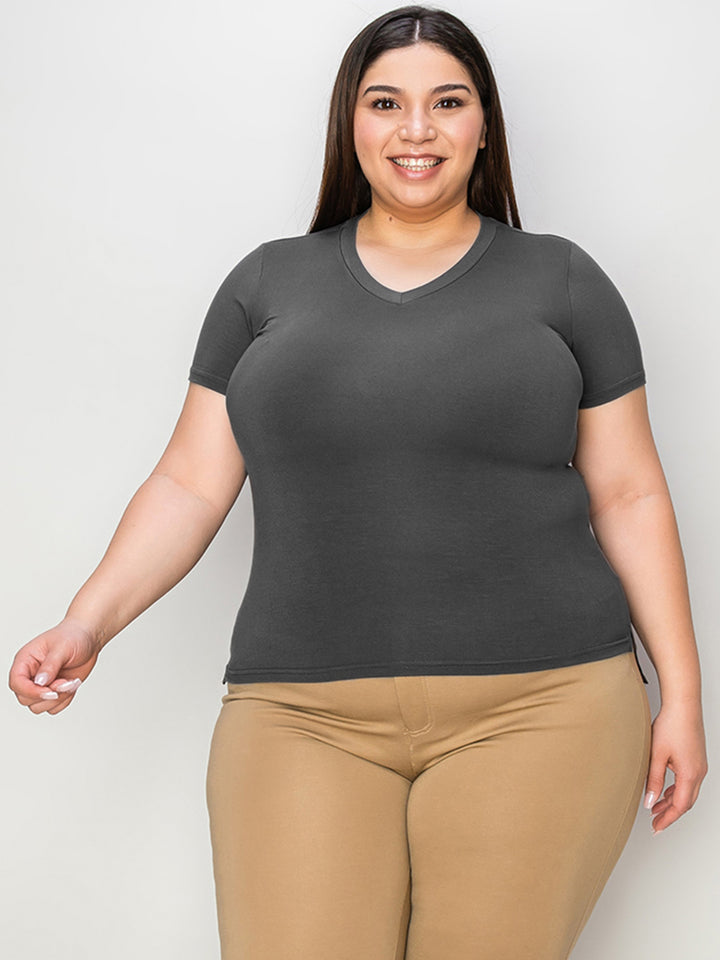 Ava Slim V-Neck High-Low Bamboo T-Shirt -Dark Grey - S-3XL | Rezortly