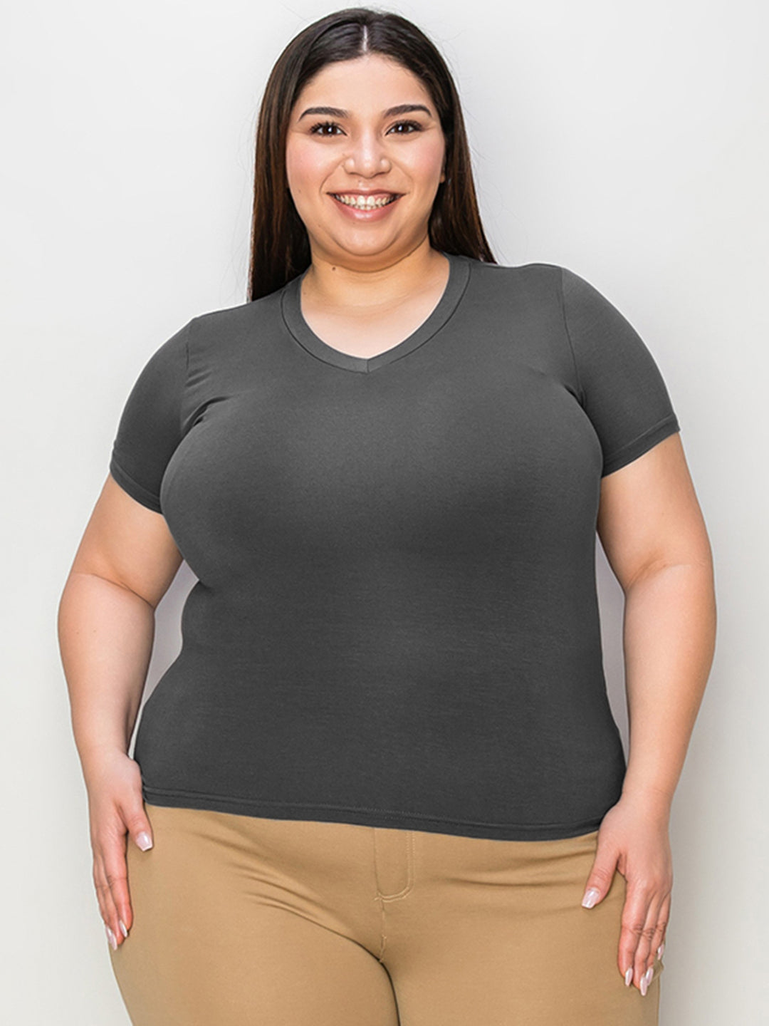 Ava Slim V-Neck High-Low Bamboo T-Shirt -Dark Grey - S-3XL | Rezortly