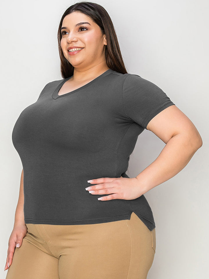 Ava Slim V-Neck High-Low Bamboo T-Shirt -Dark Grey - S-3XL | Rezortly
