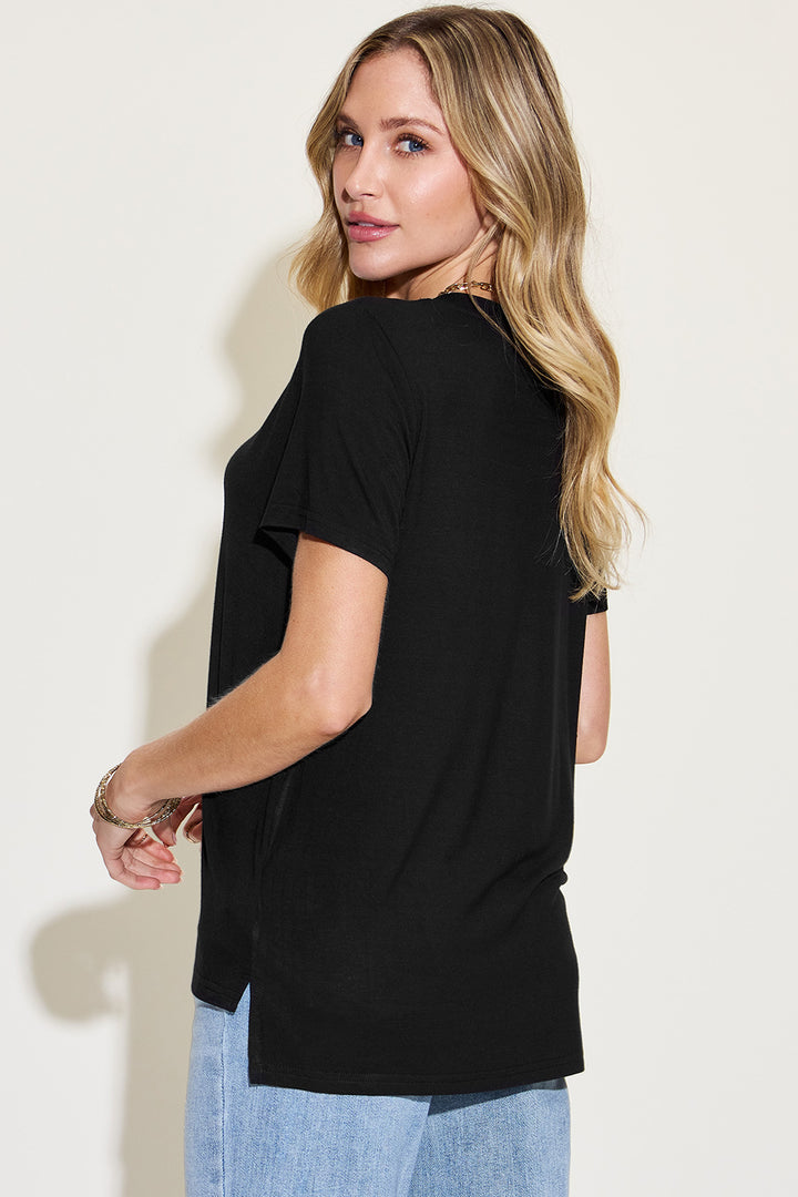Ava Slim V-Neck High-Low Bamboo T-Shirt - Black - S-3XL | Rezortly