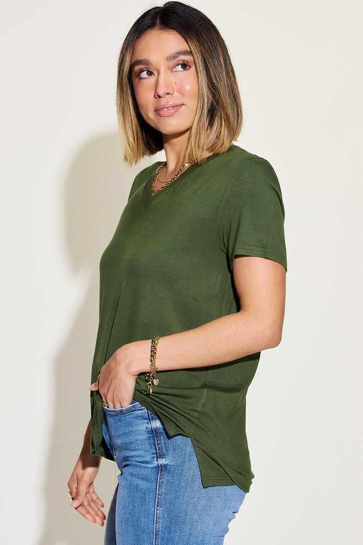 Ava Slim V-Neck High-Low Bamboo T-Shirt - Dark Olive Green - S-3XL | Rezortly