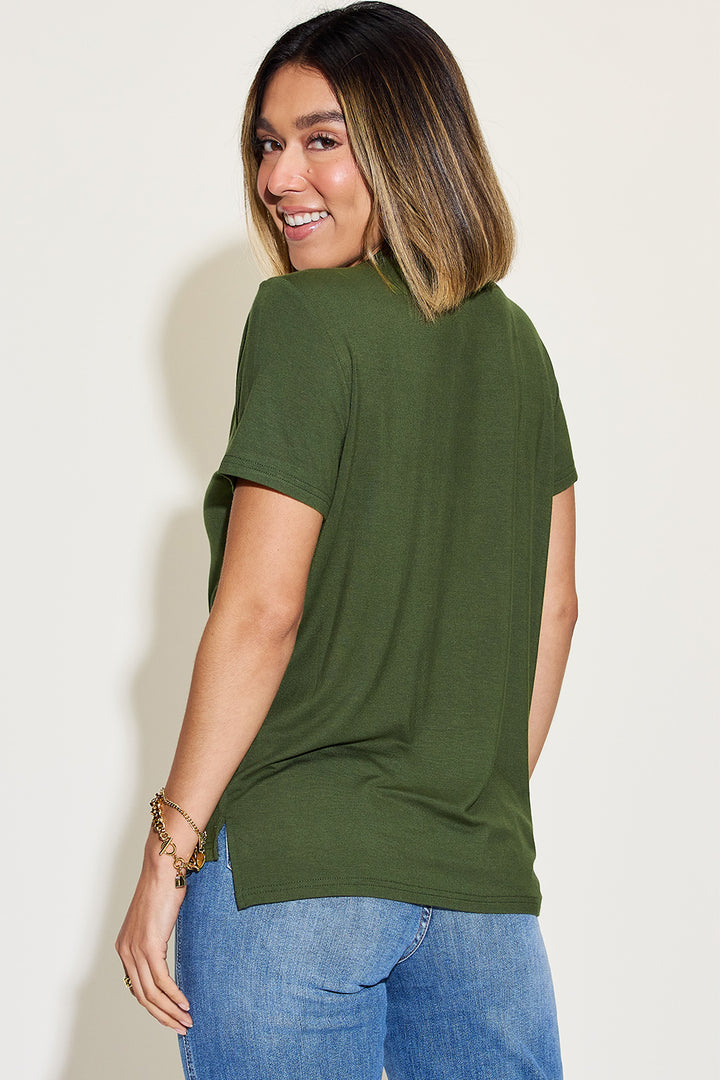 Ava Slim V-Neck High-Low Bamboo T-Shirt - Dark Olive Green - S-3XL | Rezortly