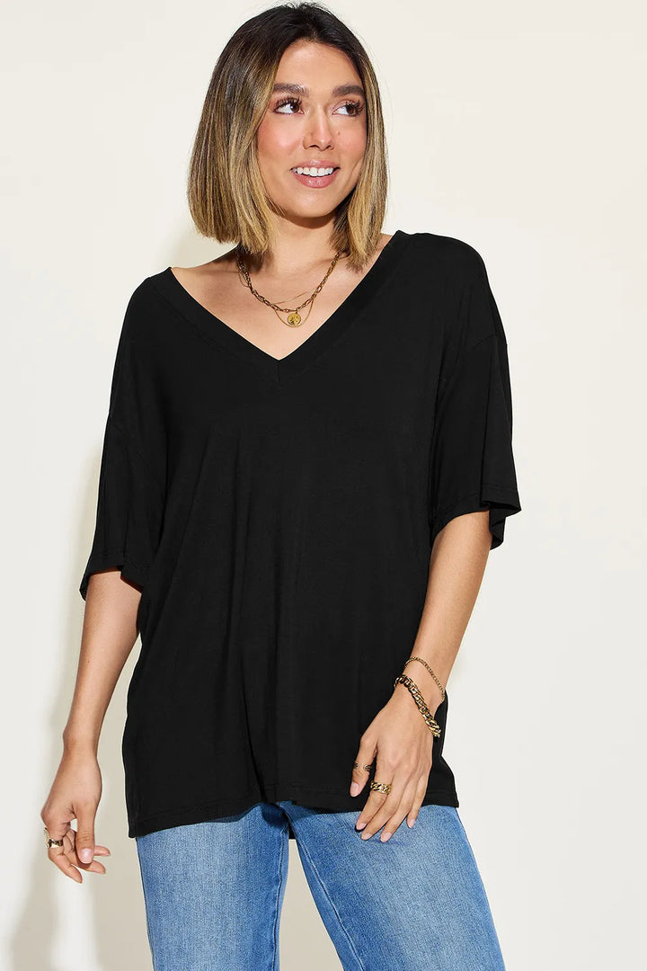 Ava V-Neck Drop Shoulder Bamboo T-Shirt -Black - Size S-3XL | Rezortly