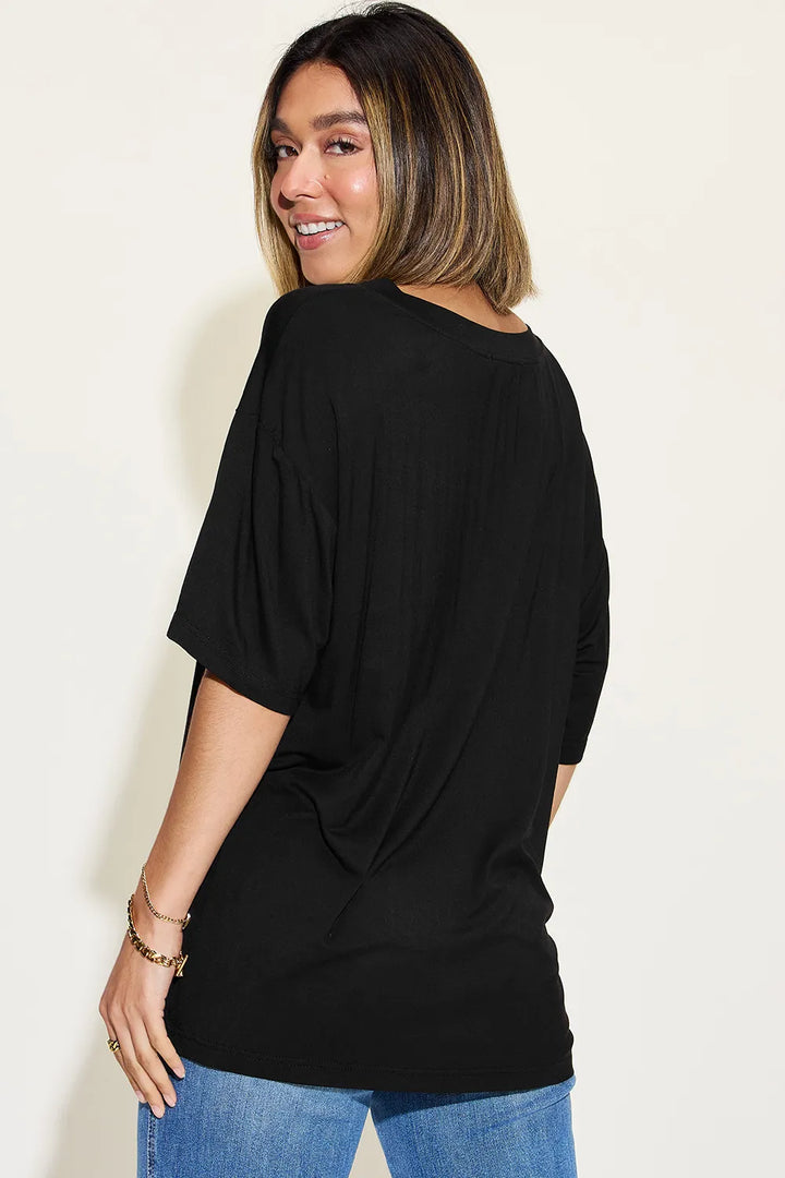 Ava V-Neck Drop Shoulder Bamboo T-Shirt -Black - Size S-3XL | Rezortly