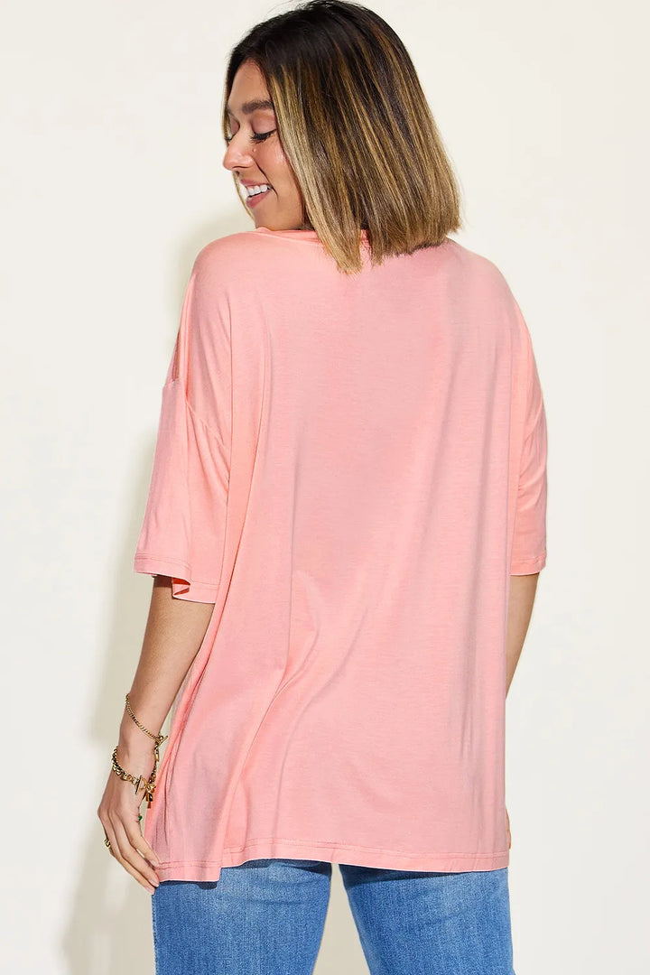 Ava V-Neck Drop Shoulder Bamboo T-Shirt -Pink - Size S-3XL | Rezortly