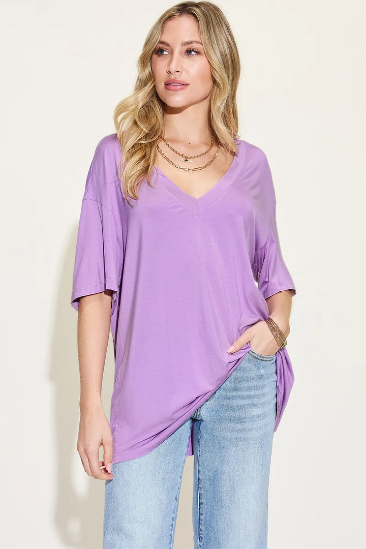 Ava V-Neck Drop Shoulder Bamboo T-Shirt - Lavender - Size S-3XL | Rezortly