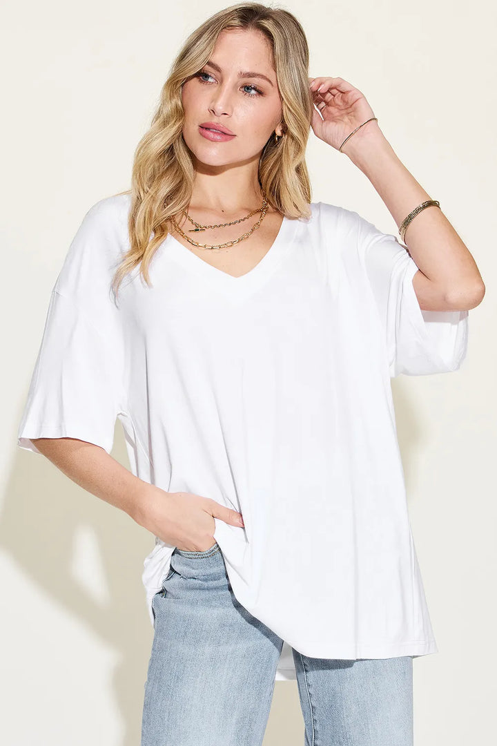 Ava V-Neck Drop Shoulder Bamboo T-Shirt - White - Size S-3XL | Rezortly