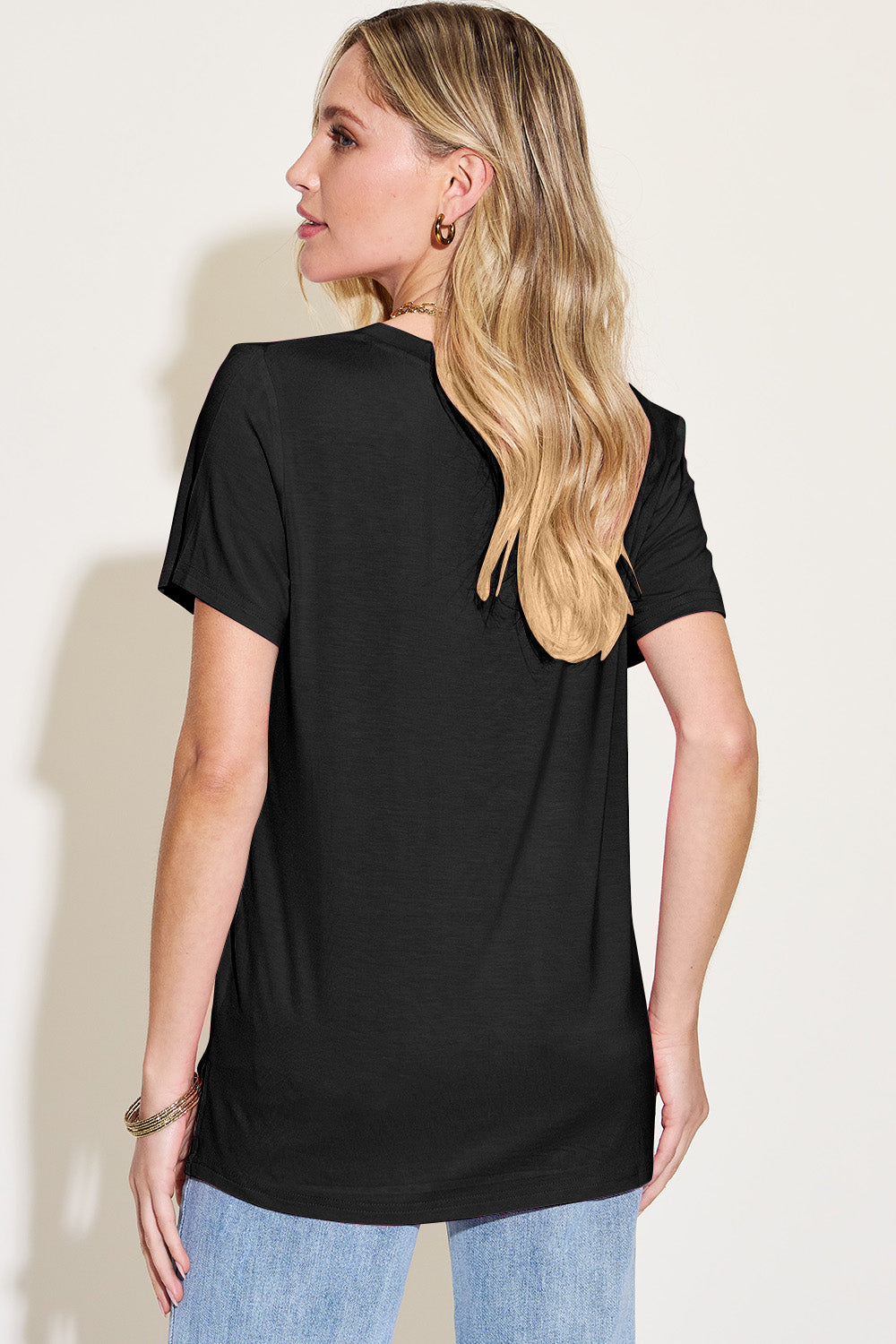 Ava V-Neck High-Low Bamboo T-Shirt  - Black - Size S-3XL | Rezortly