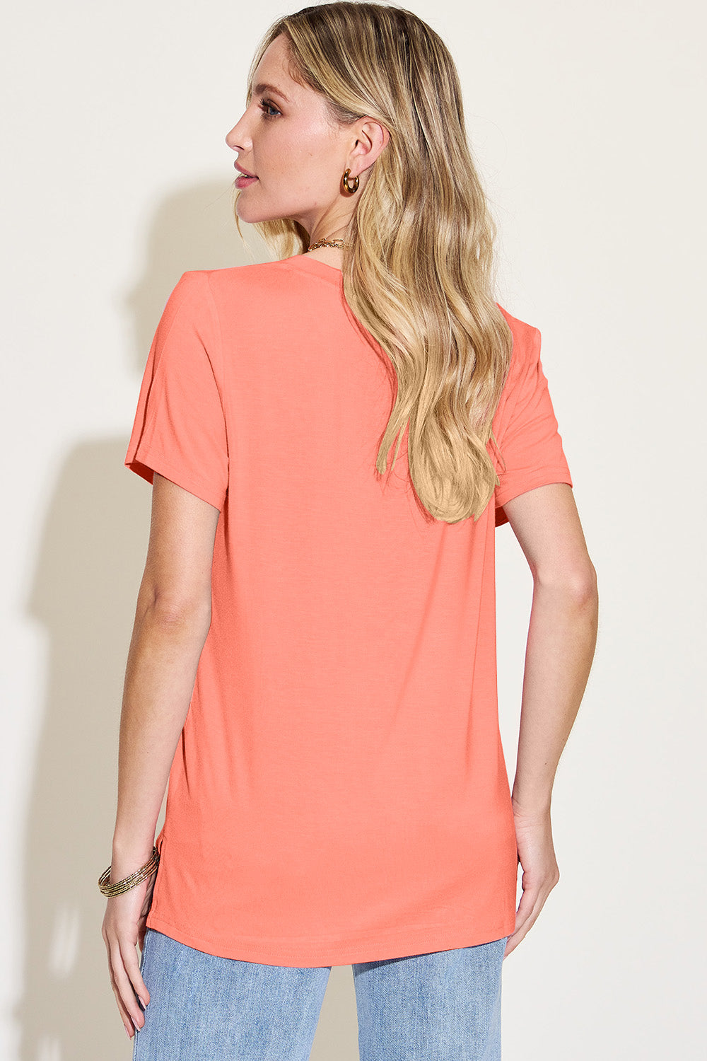 Ava V-Neck High-Low Bamboo T-Shirt  - Coral - Size S-3XL | Rezortly