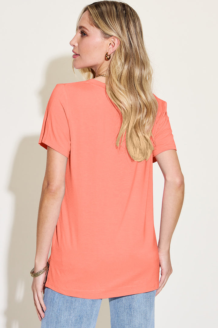 Ava V-Neck High-Low Bamboo T-Shirt  - Coral - Size S-3XL | Rezortly