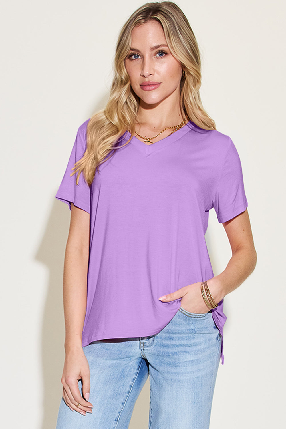 Ava V-Neck High-Low Bamboo T-Shirt  - Lavender - Size S-3XL | Rezortly