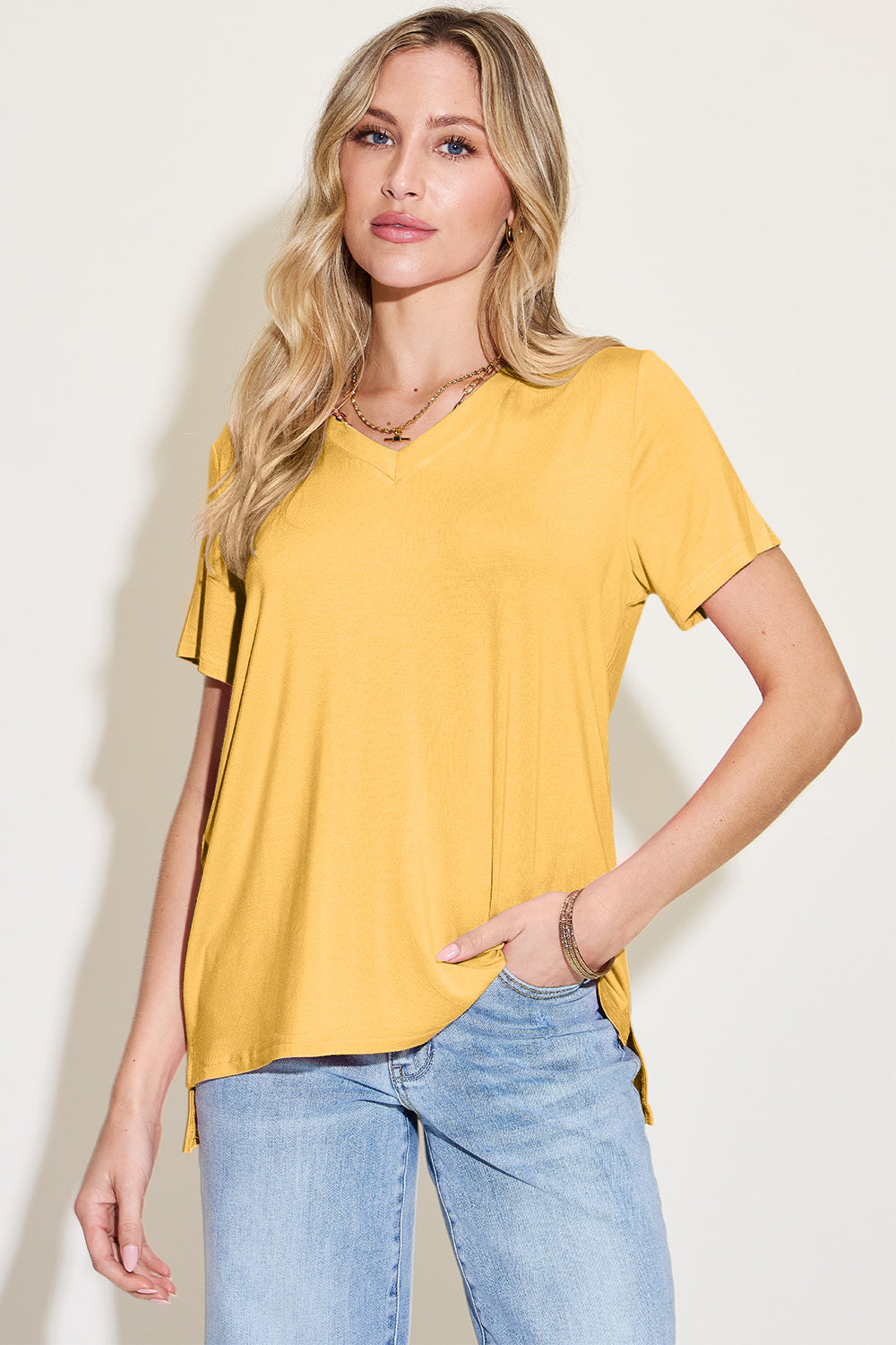 Ava V-Neck High-Low Bamboo T-Shirt  - Yellow - Size S-3XL | Rezortly