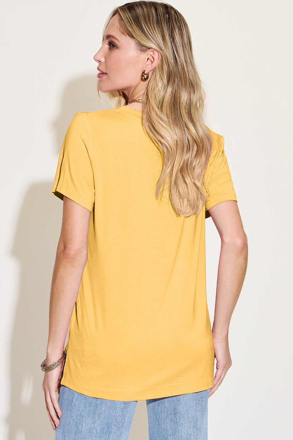 Ava V-Neck High-Low Bamboo T-Shirt  - Yellow - Size S-3XL | Rezortly