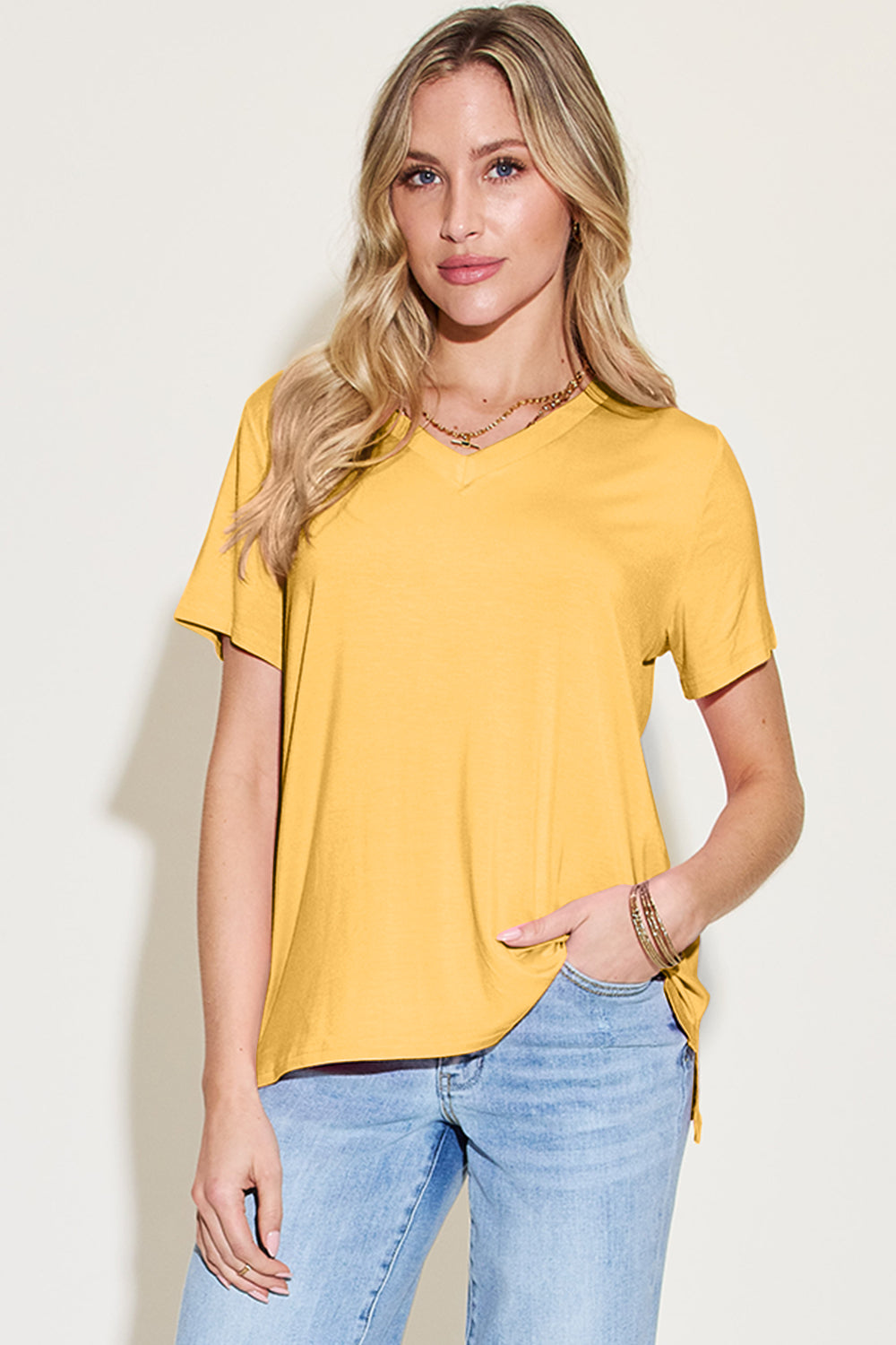 Ava V-Neck High-Low Bamboo T-Shirt  - Yellow - Size S-3XL | Rezortly