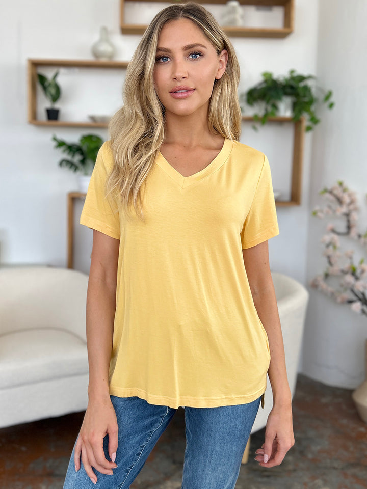 Ava V-Neck High-Low Bamboo T-Shirt  - Yellow - Size S-3XL | Rezortly