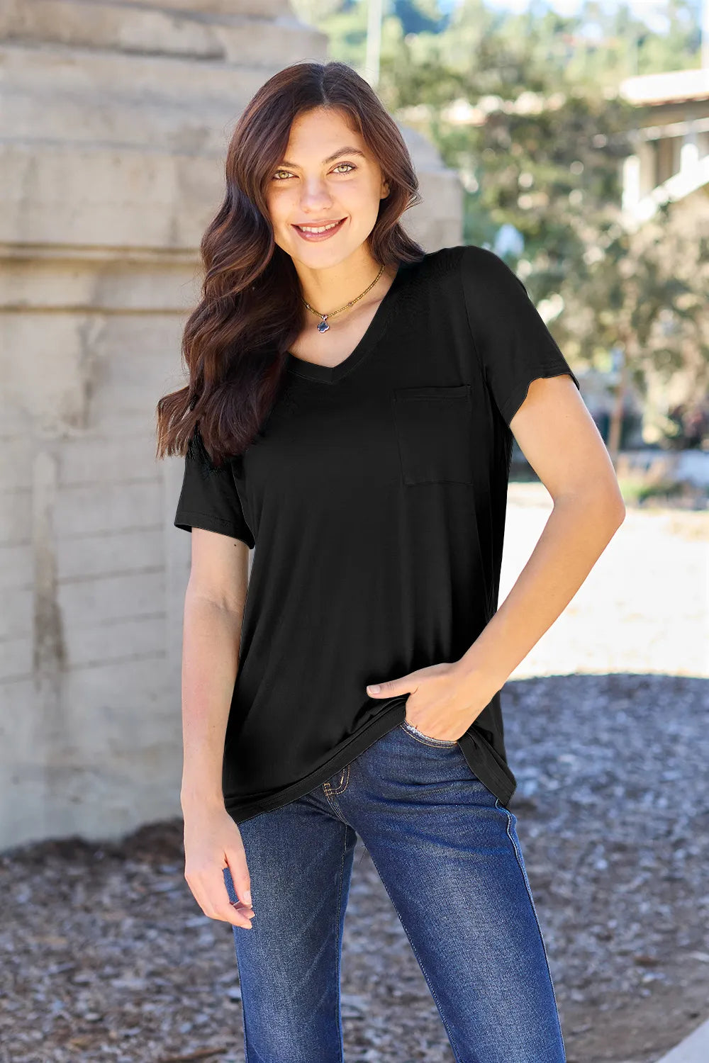 Ava V-Neck Regular Long Bamboo T-Shirt - Black - Size S-3XL | Rezortly