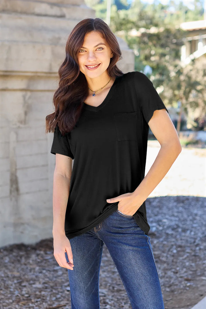 Ava V-Neck Regular Long Bamboo T-Shirt - Black - Size S-3XL | Rezortly