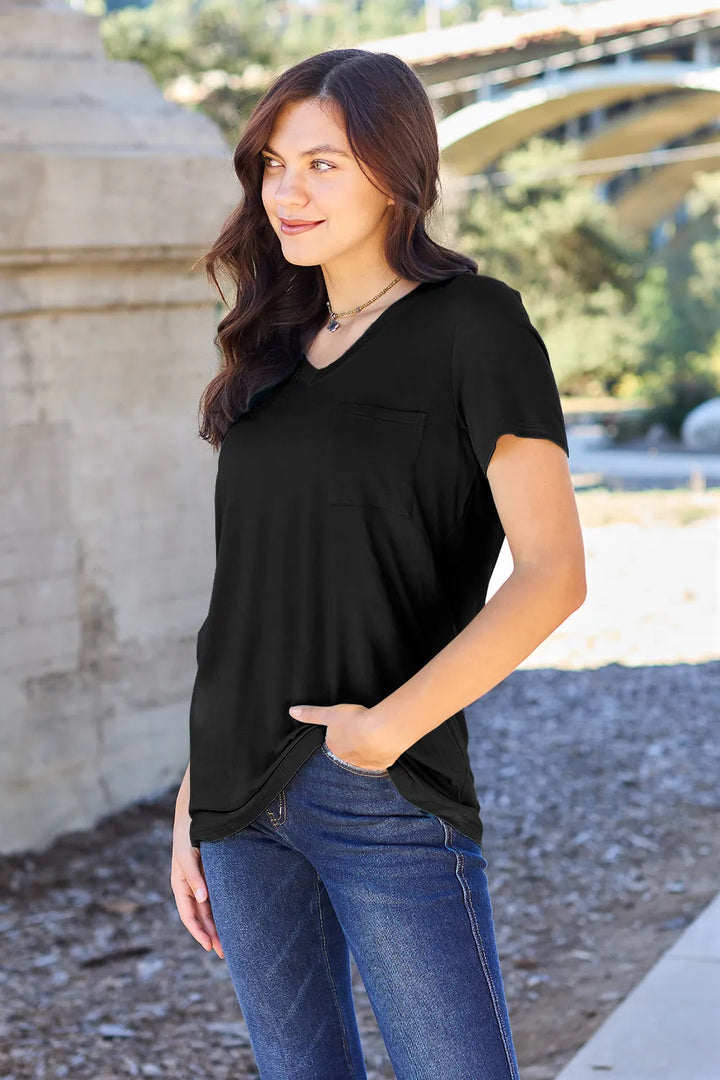 Ava V-Neck Regular Long Bamboo T-Shirt - Black - Size S-3XL | Rezortly