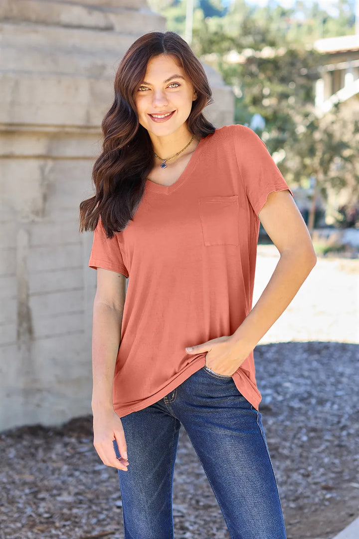 Ava V-Neck Regular Long Bamboo T-Shirt - Coral - Size S-3XL | Rezortly