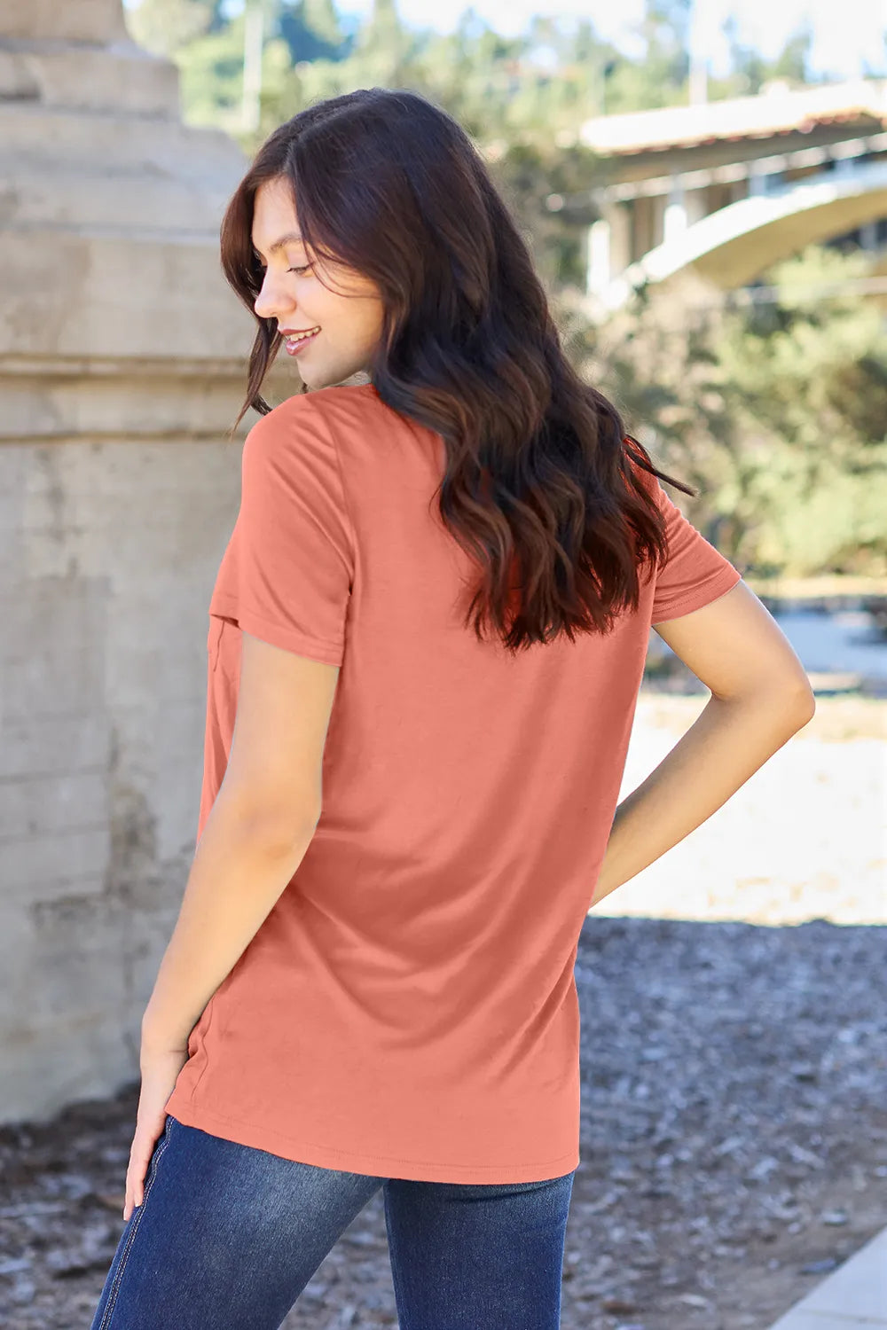 Ava V-Neck Regular Long Bamboo T-Shirt - Coral - Size S-3XL | Rezortly