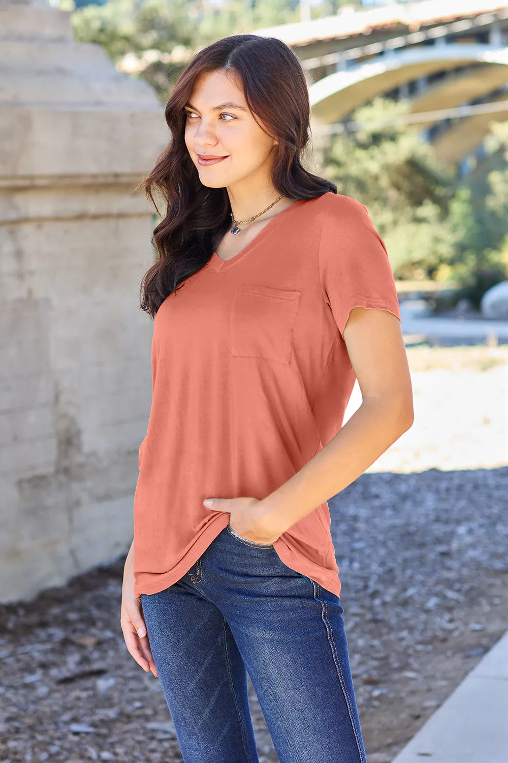 Ava V-Neck Regular Long Bamboo T-Shirt - Coral - Size S-3XL | Rezortly