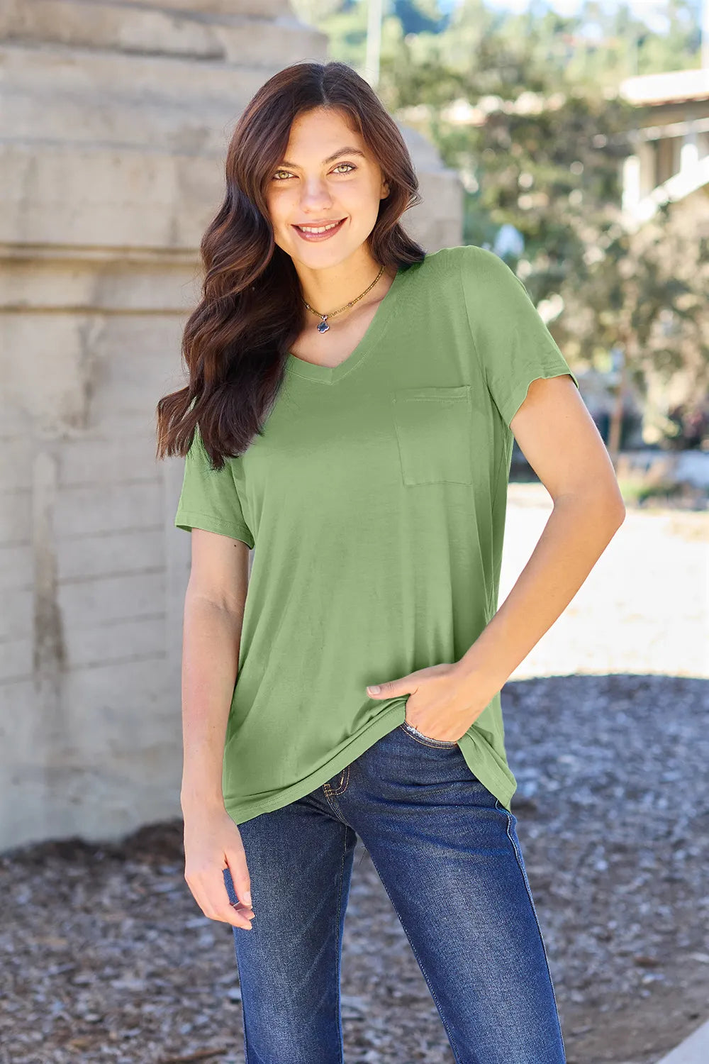 Ava V-Neck Regular Long Bamboo T-Shirt - Light Green - Size S-3XL | Rezortly