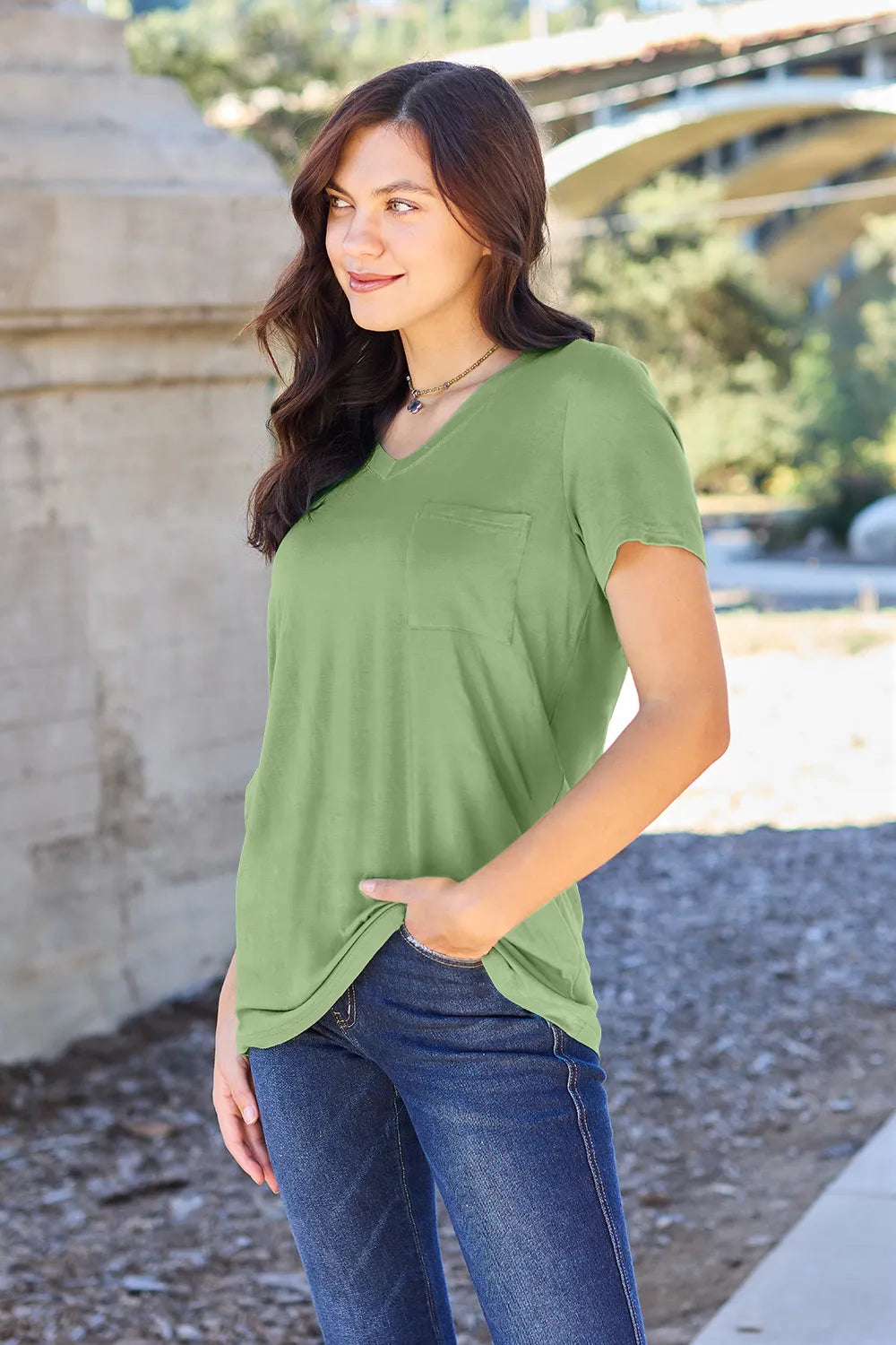Ava V-Neck Regular Long Bamboo T-Shirt - Light Green - Size S-3XL | Rezortly